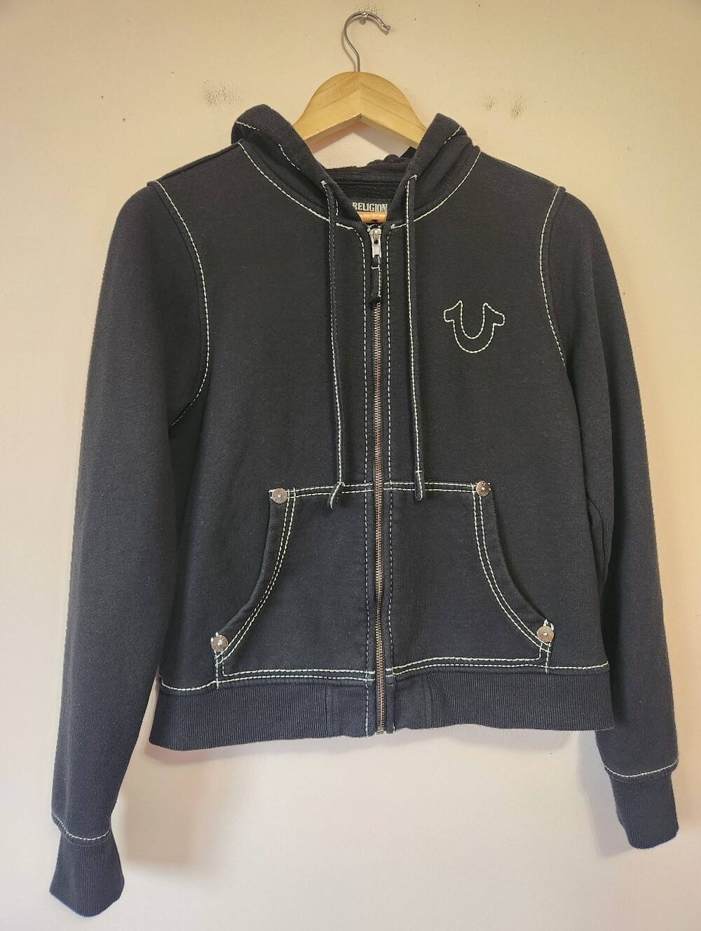 True Religion Big T Classic Zip Hoodie Black Y2K Contrast Stitch Buddha Puff